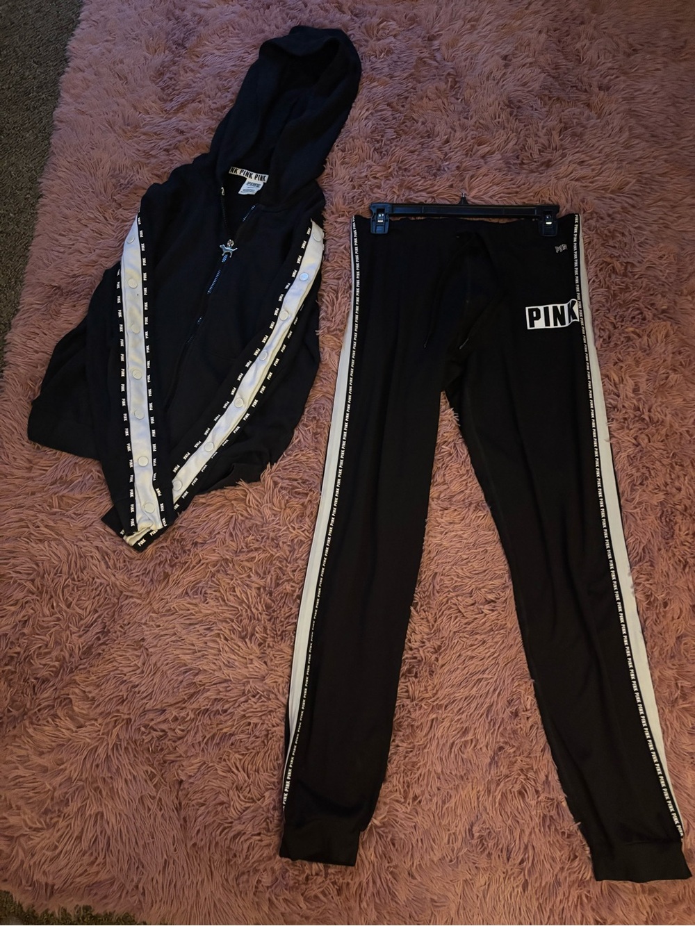 PINK Victoria's Secret Black Hoodie & Jogger Set with White Trim